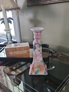 Floral Pink Ceramic Candlestick Holder - Home Accents